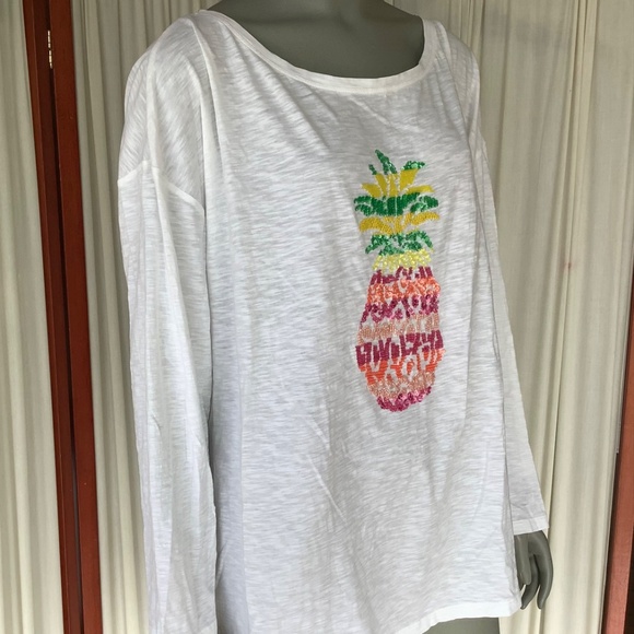 Talbots Womans Cotton Top With Beaded Pineapple Long Sleeved Size 2X - Picture 3 of 6